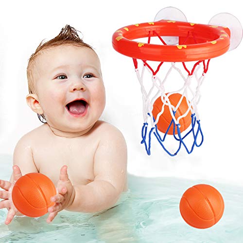 zoordo Bath Toys Bathtub Basketball Hoop Balls Set for Toddlers Kids with Strong Suction Cup Easy to Install,Fun Games Gifts in Bathroom,3 Balls Included ( Only Stick on Smooth Surface )