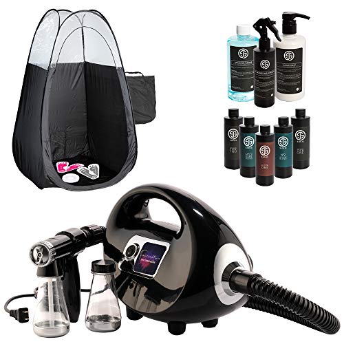 Fascination Spray Tanning Machine Kit with Sjolie Natural Sunless Tanning Solution and Pro Supplies Bundle including Disposable Spa Feet and Pop Up Tent