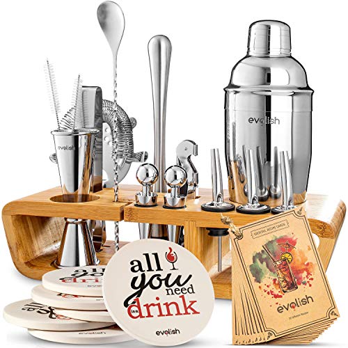 Bar Set Cocktail Shaker Set for Home: 25 Piece Mixology Bartender Kit With Stand | Ideal Gift Bartending Set for an Amazing Drink Mixing Experience | Bar tool set with Recipes & Coasters by Evolish