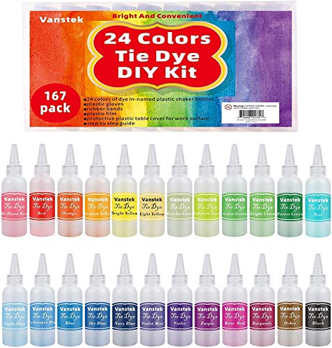 Vanstek Tie Dye DIY Kit, 24 Colors Tie Dye Shirt Fabric Dye for Women, Kids, Men, with Rubber Bands, Gloves, Plastic Film and Table Covers for Family Friends Group Party Supplies