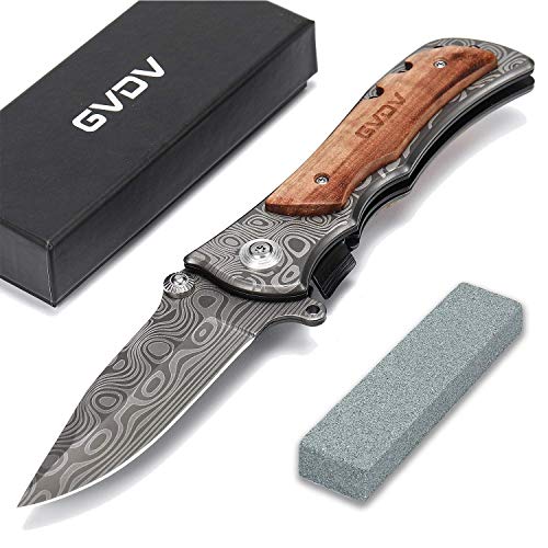 GVDV Pocket Folding Knife with Safety Liner-Lock , Tactical Knife for Camping Hunting Fishing, with Titanium Coated Blade, Belt Clip, Stainless Steel, Wooden Handle
