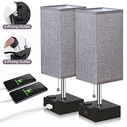 ZEEFO USB Table Lamp, Gray Square Fabric Shade Bedside Table Lamp with Two AC Outlet & Dual USB Charging Ports, Modern Design Desk Lamp Ideal for Bedroom,Office,Guest Room, Kids Room (Set of 2)