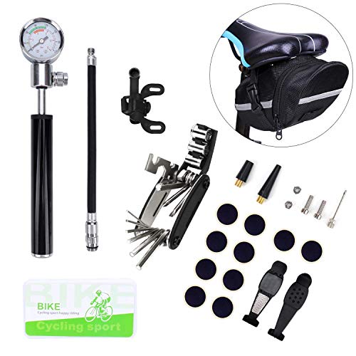 Bike Tire Repair Tool Kit with Mini Gauge Hand Pump, Including 210PSI Bicycle Air Pump Fit Schrader Presta, 16 in 1 Multi Bicycle Fix Tools, Tire Puncture Repair Kit and One Cycling Seat Pack