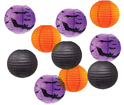 Halloween 10' Inch Paper Lanterns in Orange Black and Purple with Bats Design, Set of 10
