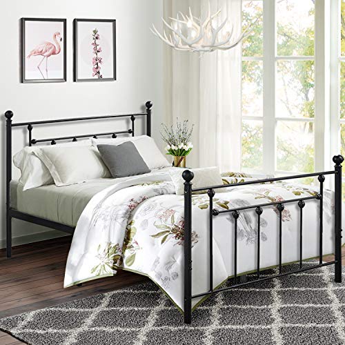VECELO Queen Size Bed Frame, Metal Platform Mattress Foundation/Box Spring Replacement with Headboard Victorian Style