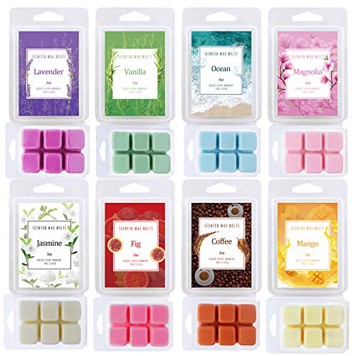 Iwax Scented Wax Melts -Set of 8 (3 oz) Assorted Soy Wax Cubes/Tarts- Lavender, Ocean, Vanilla, Magnolia, Coffee, Jasmine, Mango, Fig