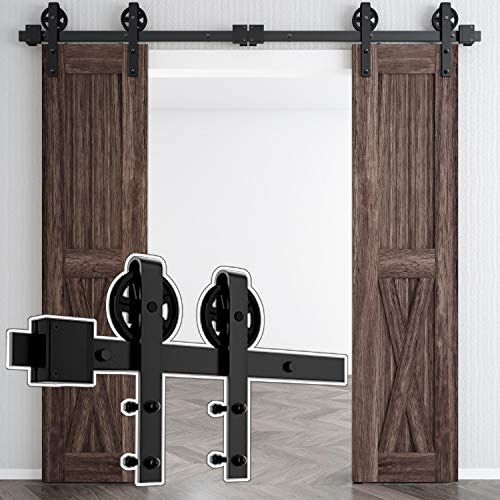 skysen 4FT Double Door Sliding Barn Door Hardware Track Kit -Heavy Duty-Black(Big Wheel)