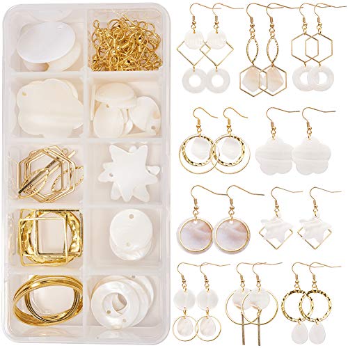 SUNNYCLUE 1 Box DIY 10 Pairs Shell Geometric Dangle Earring Jewelry Making Kit with Instruction Flower Star Flat Round Shell Pendants Brass Linking Rings Earring Hooks Jewelry Making Supplies Craft