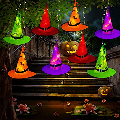 Tcamp Halloween Decorations Outdoor Witch Hats Lights, 8Pcs Hanging Lighted Glowing Witch Hats with 44ft 104LED Halloween Lights String for Indoor, Outdoor, Yard, Tree Decor (8 Lighting Modes)