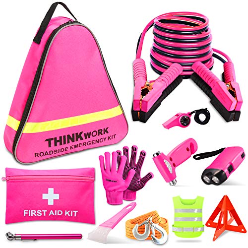 THINKWORK Car Emergency Kit for Teen Girl and Lady's Gifts, Pink Emergency Roadside Assistance kit with 10FT Jumper, First Aid Kit, Safety Hammer, Tow Rope, and More Ideal Pink Car Accessories Tool