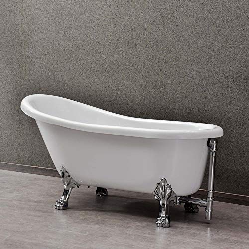 WOODBRIDGE B-0022 Traditional Oval Acrylic Freestanding Tub | White Double Slipper Bathtub with Feet in Polished Chrome Finish for Bathroom, Clawfoot 59'