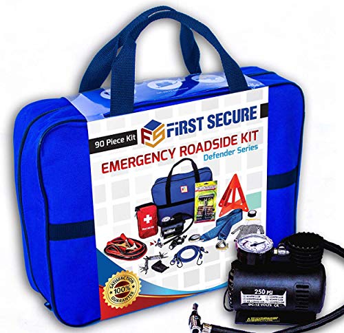 Car Emergency Kit First Aid Kit – Premium, Heavy Duty Car Roadside Emergency Kit – Jumper Cables, Portable Air Compressor, Tow Strap, Tire Pressure Gauge, Headlamp – Car Accessories for Women and Men