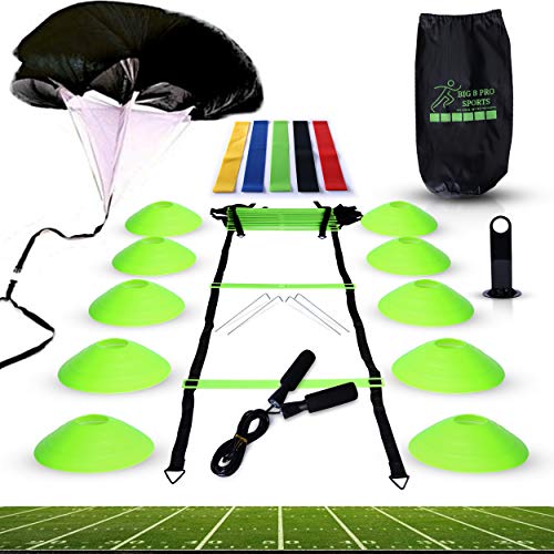 Big B Pro Sports Speed Agility Training Set - Includes Ladder, 10 Cones with Holder, Running Parachute, Jump Rope, Resistance Bands - for Training Football, Soccer, Hockey, and Basketball Athletes.