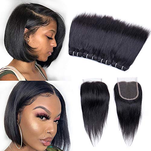 Peruvian Straight Human Hair Bundles with Closure(8' 8' 8' 8'+8'closure) Straight Hair 4 Bundles with Closure 50g/pcs Unprocessed 10A Virgin Human Hair Bundles and Closure 5 Bundle Deals