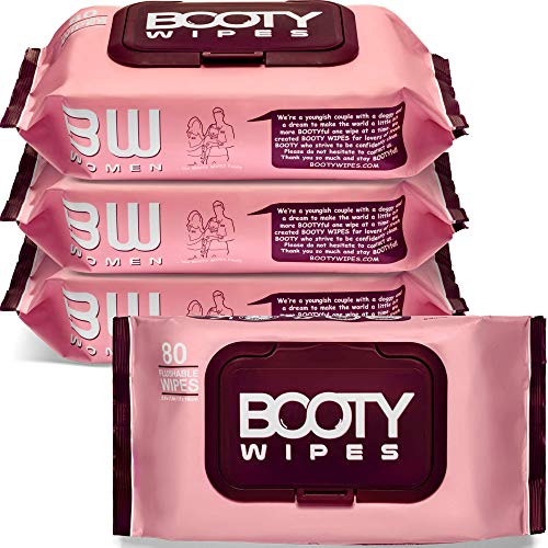 BOOTY WIPES for Women - 320 Flushable Wet Wipes for Adults, Feminine Wipes, pH Balanced (320 Wipes Total - 4 Flip-Top Packs of 80) Wipes for Women, Infused with Vitamin-E & Aloe