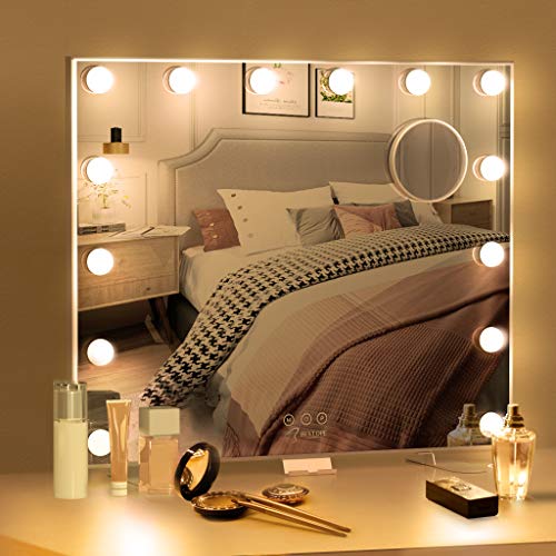BESTOPE Hollywood Vanity Mirror with Lights Large Led Makeup Mirror with 3 Color Lighting Modes for Tabletop or Wall Mounted, 14pcs Dimmable Bulbs,USB Outlet and Smart Touch Control