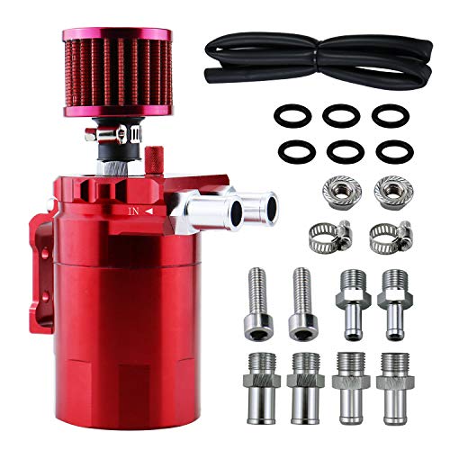 BOWERKAR 350ml Oil Catch Can Tank with Breather Aluminum Polish Baffled Oil Separator Filter (RED)