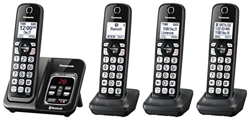 PANASONIC Expandable Cordless Phone System with Link2Cell Bluetooth, Voice Assistant, Answering Machine and Call Blocking - 4 Cordless Handsets - KX-TGD564M (Metallic Black)