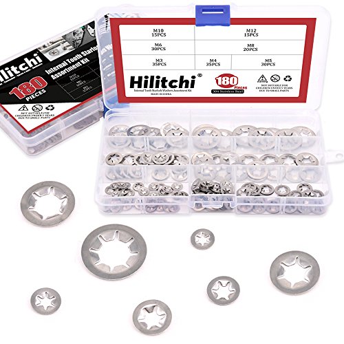 Hilitchi 180 Piece 304 Stainless Steel Internal Tooth Starlock Washers Quick Speed Locking Washers Push On Speed Clips Fasteners Assortment Kit - 7 Size