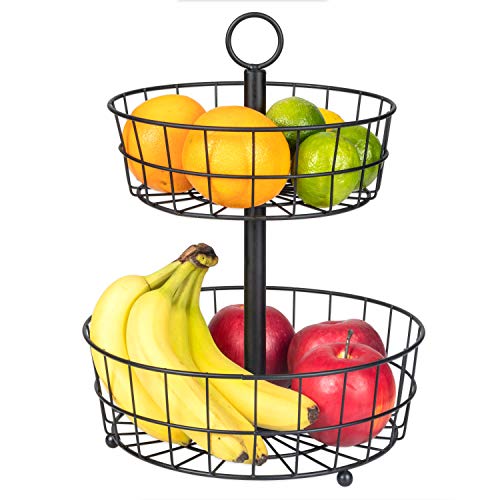 2 Tier Fruit Basket Stand - Countertop Two Tiered Metal Serving Tray for Kitchen Fruit and Vegetable Storage