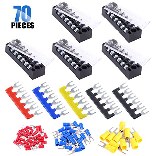 Glarks 70Pcs(5Sets) Terminal Block Set, 5Pcs 6 Positions 600V 15A Dual Row Screw Terminals Strip + 5Pcs Pre-Insulated Barrier Strips + 60Pcs Insulated Fork Wire Connector (6P+Fork Connector)