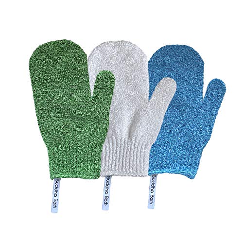Buddha Bath Scrub Gloves - 3 pairs of exfoliating shower mitts - Washable - Hang Rope - Face and Body - For Men and Women