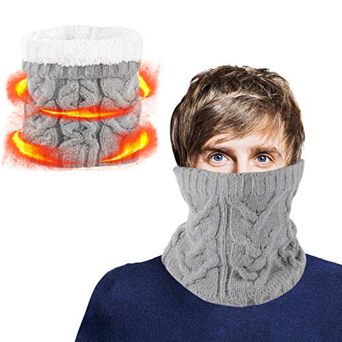 Heated Infinity Scarf Neck Gaiter Face Covering Sleeve Wrap Men Women Adult Thick Fleece Knitting Gators Winter Cold Weather Balaclava Hunt Reusable Washable Breathable Fashion Mask Protection Gray