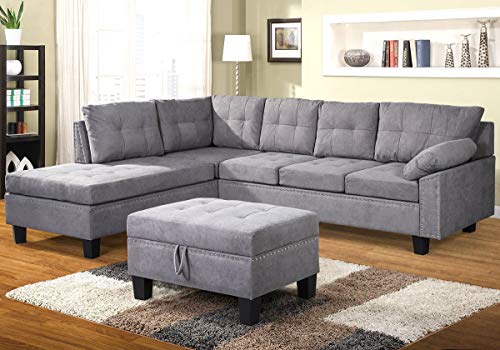 Merax Sectional Sofa with Chaise Lounge and Ottoman 3-Seat Sofas Couch Set for Living Room, Grey