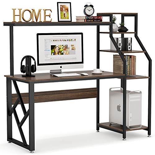 Tribesigns Computer Desk with 4-Tier Storage Shelves, 60 inch Large Rustic Office Desk Computer Table Studying Writing Desk Workstation with Hutch, Bookshelf and Tower Storage for Home Office(Brown)