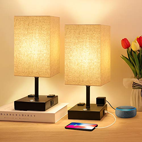 Bedside Lamp, 3 Way Dimmable Touch Control Table Lamp with 2 USB Charging Ports 2 AC Outlets, Nightstand Lamp with Flaxen Fabric Shade Bedroom Lamp for Bedroom Living Room, Reading, Office, Set of 2