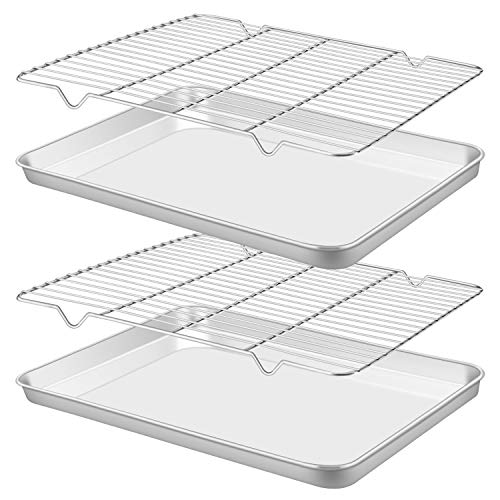 Rayze Baking Sheet Pan [2 Sheets + 2 Racks], Heavy Duty Warp Resistant Stainless Steel Cookie Sheet Baking Pan Tray with Cooling Rack, Size 16 x 12 x 1 inch