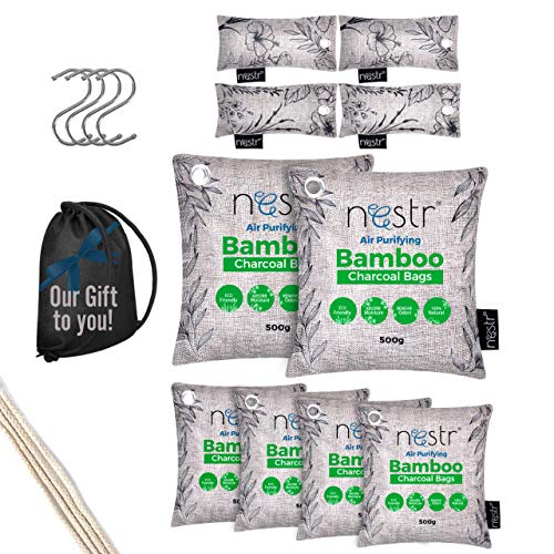 Nestr Nature Fresh Charcoal Bags - 10-Pack Home & Car Activated Bamboo Charcoal Air Purifying Bag, Closet Deodorizer, Freshener, Dehumidifier, Absorber, Musty Smell Eliminator for Basements