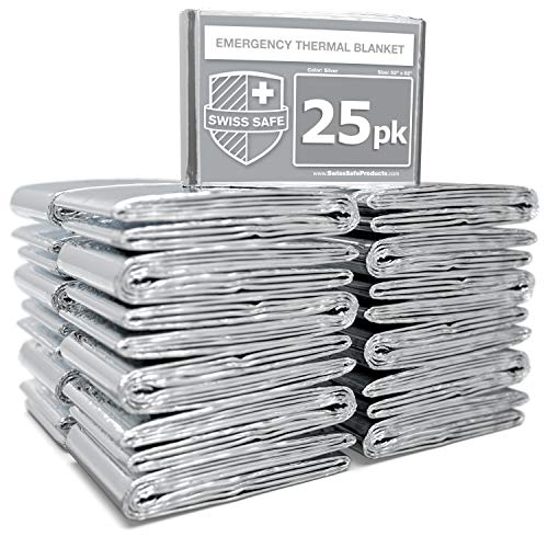 Swiss Safe Emergency Mylar Thermal Blankets (Bulk 25-Pack) - Designed for NASA, Outdoors, Hiking, Survival, Marathons or First Aid (Silver 25-Pack)