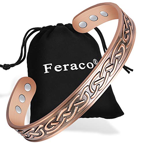Feraco Mens Copper Bracelet Magnetic Bracelets for Women Arthritis Pain Relief Vintage Viking High Gauge 99.99% Solid Copper Magnets Therapy Cuff Bangle