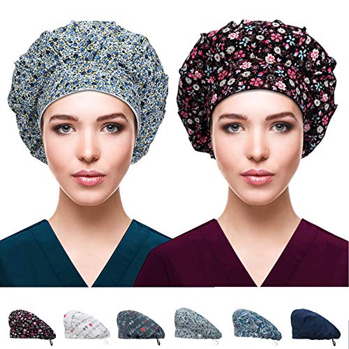 2 Pack Bouffant Cap with Button for Nurses and Doctors, Adjustable Working Hats for Women Men, One Size Working Head Cover (Blue Rose + Night Garden)