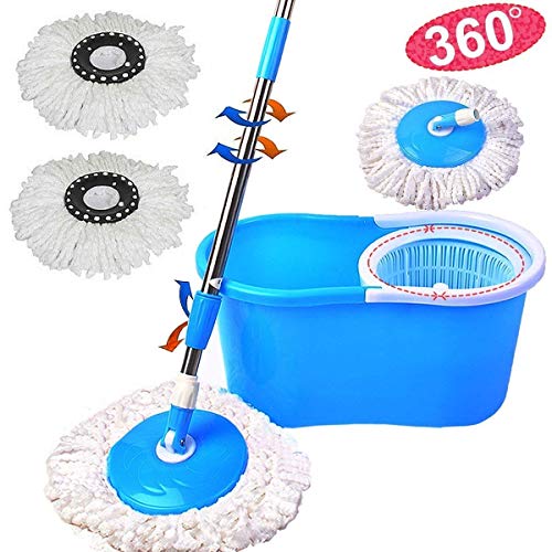 PrimeTrendz Microfiber Spining Magic Spin Mop W/Bucket 2 Heads Rotating 360° Easy Floor Mop Washable Plastic Handle Great Wet Or Dry Machine Washable | Color: Assorted (Blue, Green, Red Or Purple)