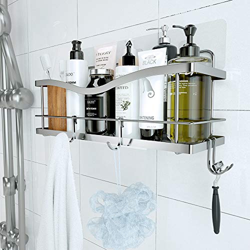 KINCMAX Shower Caddy Basket Shelf with Hooks for Hanging Sponge and Razor,Shampoo Holder Organizer,No Drilling Adhesive Wall Mounted Bathroom Shelf,Rustproof SUS304 Stainless Steel