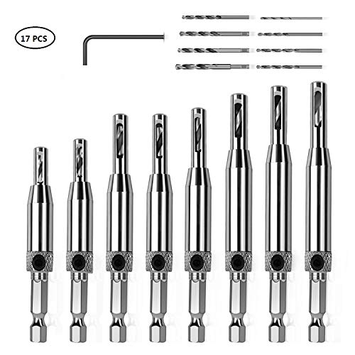 HQMaster 17Pcs Hinge Drill Bit Set,Self Centering Drill Bit for Woodworking, Adjustable Door Window Drill Bits with 1 Hex Key & 8 Replacement Drill Bits (5/64-1/4 Inches)