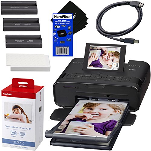 Canon SELPHY CP1300 Wireless Compact Photo Printer (Black) + Canon KP-108IN Color Ink Paper Set (Produces up to 108 of 4 x 6 Prints) + USB Printer Cable + HeroFiber Ultra Gentle Cleaning Cloth