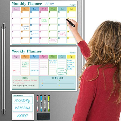 Dry Erase Calendar Whiteboard, Set of 3 Magnetic Calendars for Refrigerator: Monthly, Weekly Organizer & Daily Notepad. Wall & Fridge Dry Erase White Board, 4 Markers