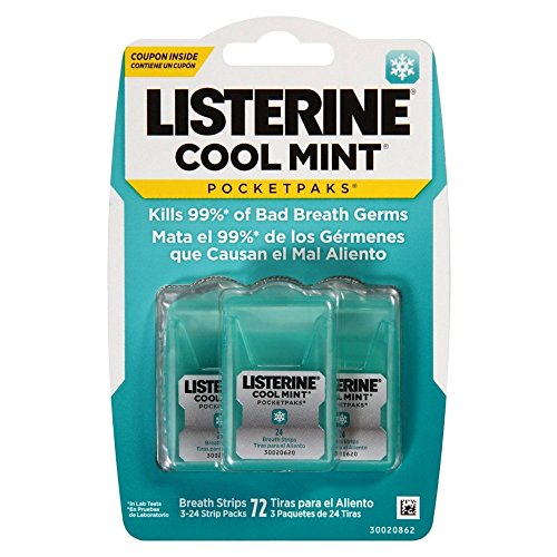 Listerine Cool Mint Pocketpaks Breath Strips Kills Bad Breath Germs, 24-Strip Pack, 3 Pack