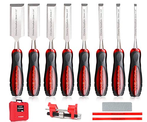 AOBEN 12 pc Wood Chisel Set Premium Wood Carving Chisels Sturdy Heat-Treated Cr-V Alloy Blades Woodworking Tools with 8 Full Tang Wood Chisels Tools,Honing Guide,Sharpening Stone,2 Carpenter Pencils