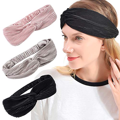 iloovee 3pcs Gold Wire Headbands for Women Stretch Vintage Cross Stripes Hair Band Hair Accessory for Women Wide Headbands for Women Girls Yoga Hiking Dance