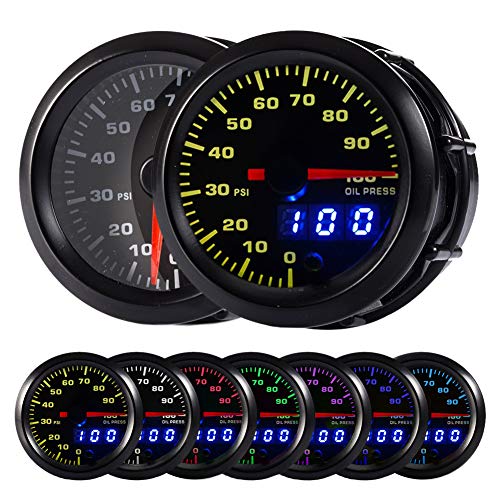 HOTSYSTEM 7 Color Oil Pressure Gauge Kit 0 to 100 PSI Pointer & LED Digital Readouts 2-1/16' 52mm Black Dial for Car Truck