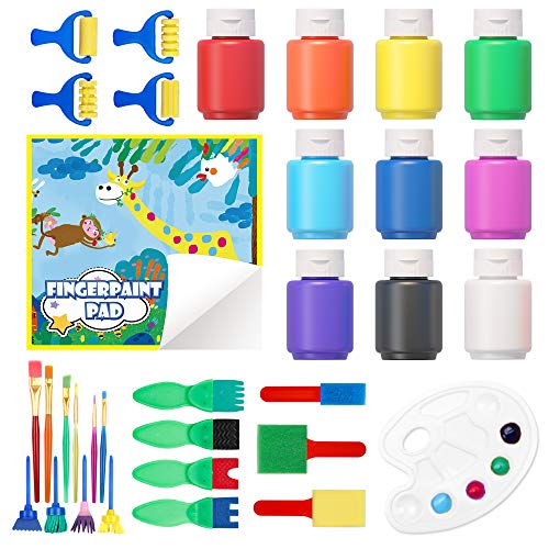 Washable Finger Paint Set, Shuttle Art 33 Pack Kids Paint Set with 10 Colors (60ml) Finger Paints Brushes, Finger Paint Pad SpongeBrushes Palette, Non Toxic for Toddlers Home Activity Early Education