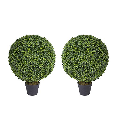 Binnny Flower 2 FT Artificial Boxwood Ball Topiary Bushes Faux Trees Potted UV Plants Fake Shrubs for Home Office Front Porch Indoor Outdoor Decor Set of 2