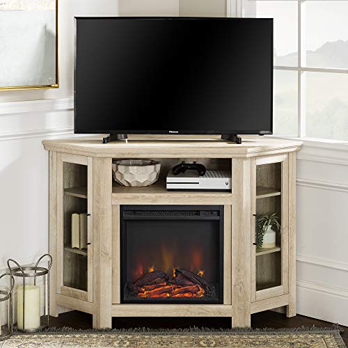 Walker Edison Furniture Company Tall Wood Corner Fireplace Stand for TV's up to 55' Flat Screen Living Room Entertainment Center, 48 Inch, White Oak