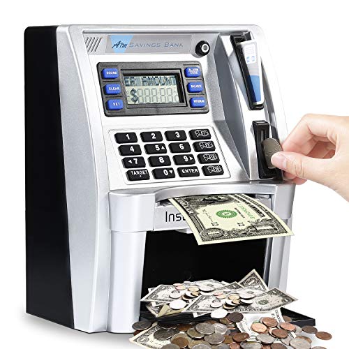 Eyestar ATM Savings Bank,Personal ATM Cash Coin Money Savings Bank Silver/Black Machine for Kids