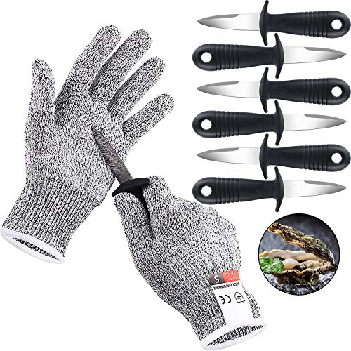 6 Pieces Oyster Knife Shucker Oyster Opener Knife Clam Knife with Cut Resistant Gloves Safe Cutting Gloves Level 5 Protection for Seafood Opener Tools Kit Women and Men