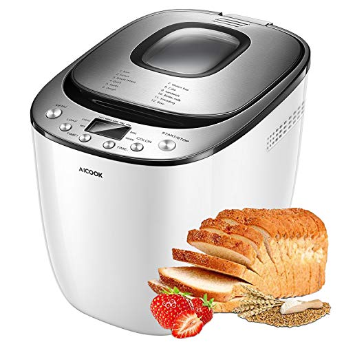 Bread Maker, AICOOK 2LB Automatic Bread Machine With Gluten Free Setting, LED Display, Nonstick Pan, 3 Crust Color & Keep Warm, Recipes